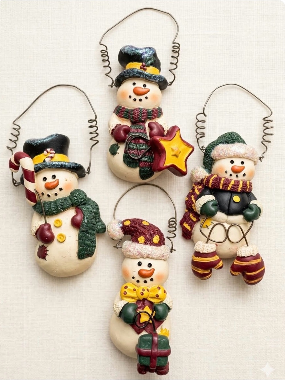 Vtg Resin Snowman Christmas Ornaments Lot of 4 Glitter Accents Curly Wire Hanger